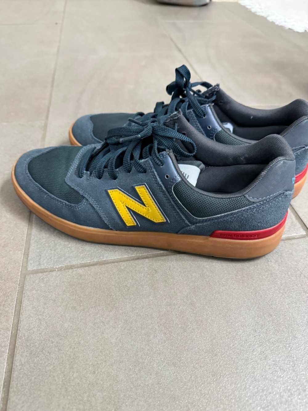 New Balance Men’s Navy and Yellow Low-Top Sneakers with Gum Sole size 12